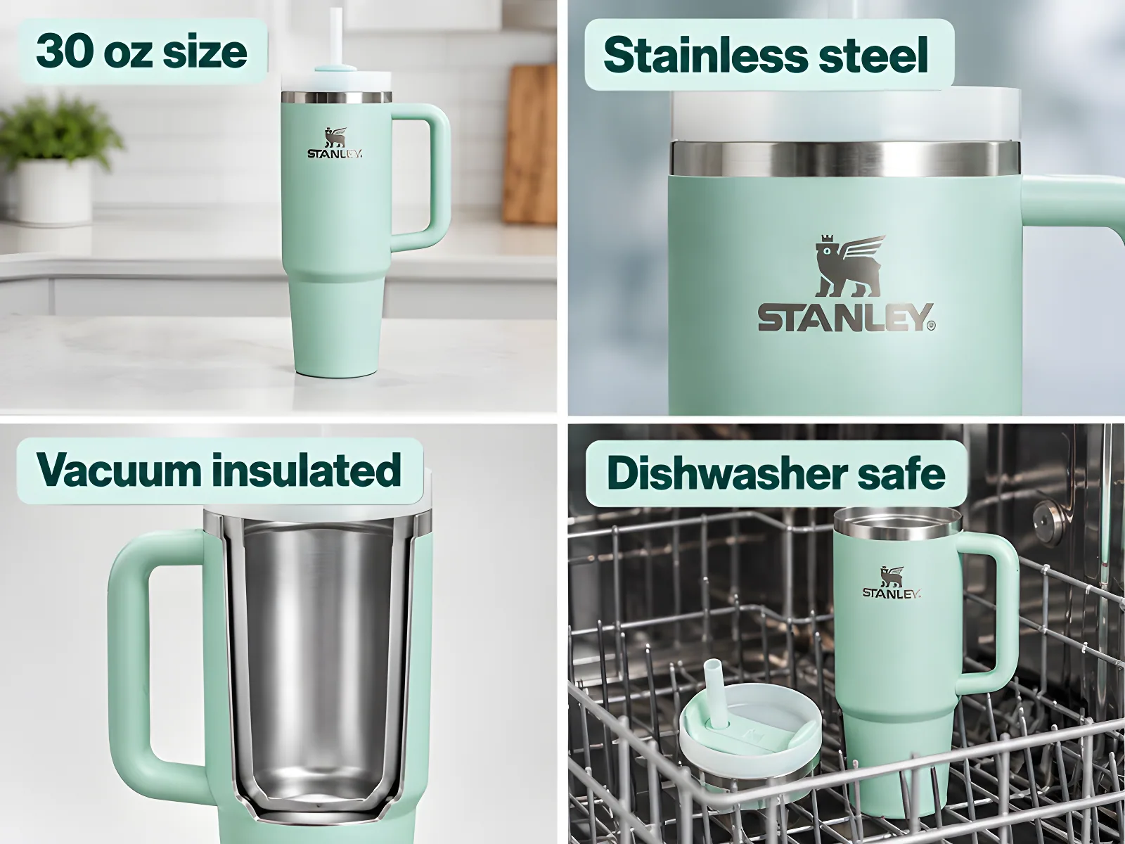 Quencher H2.0 FlowState Stainless Steel Vacuum Insulated (Mint, 30 oz), A+ content module, premium four image text