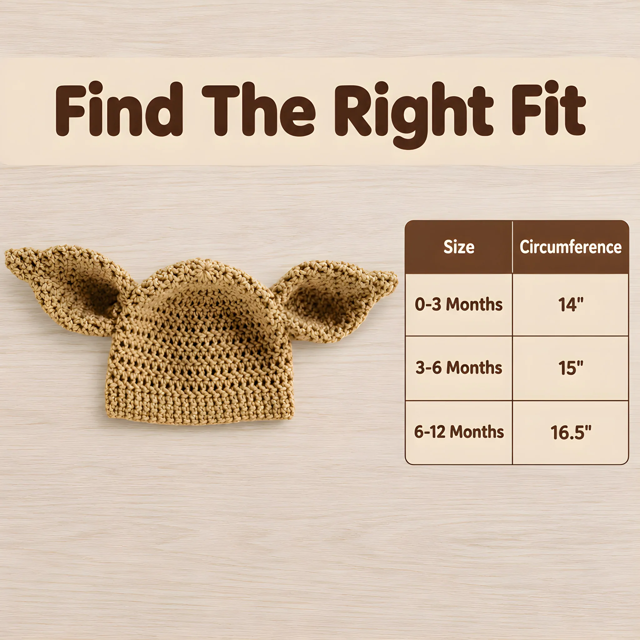 Crochet Dobby House elf hat 0-3, 3-6 and 6-12 Months, size chart