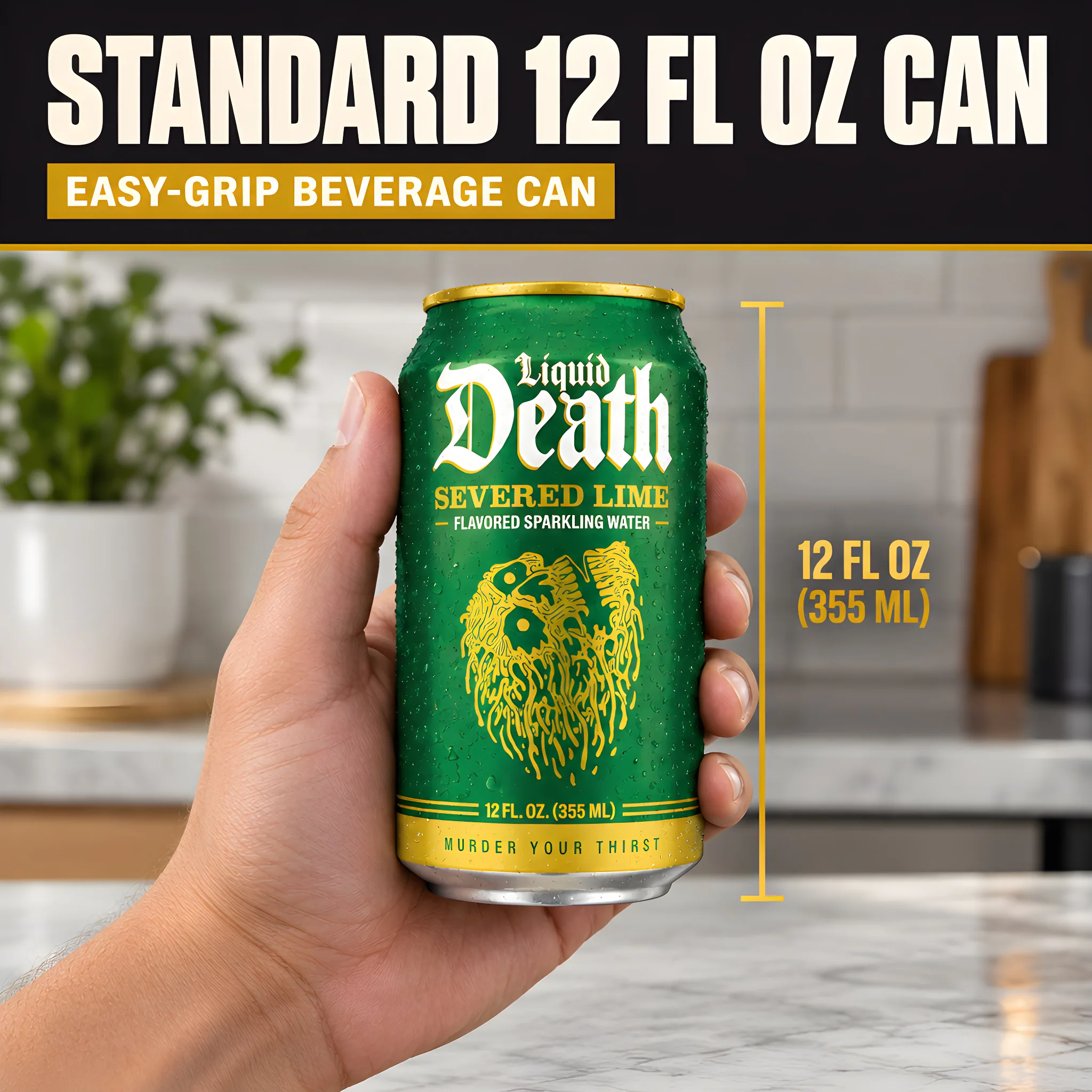 Liquid Death Soda-Flavored Sparkling Water - Modern Variety, (Pack of 12), scale and dimensions diagram