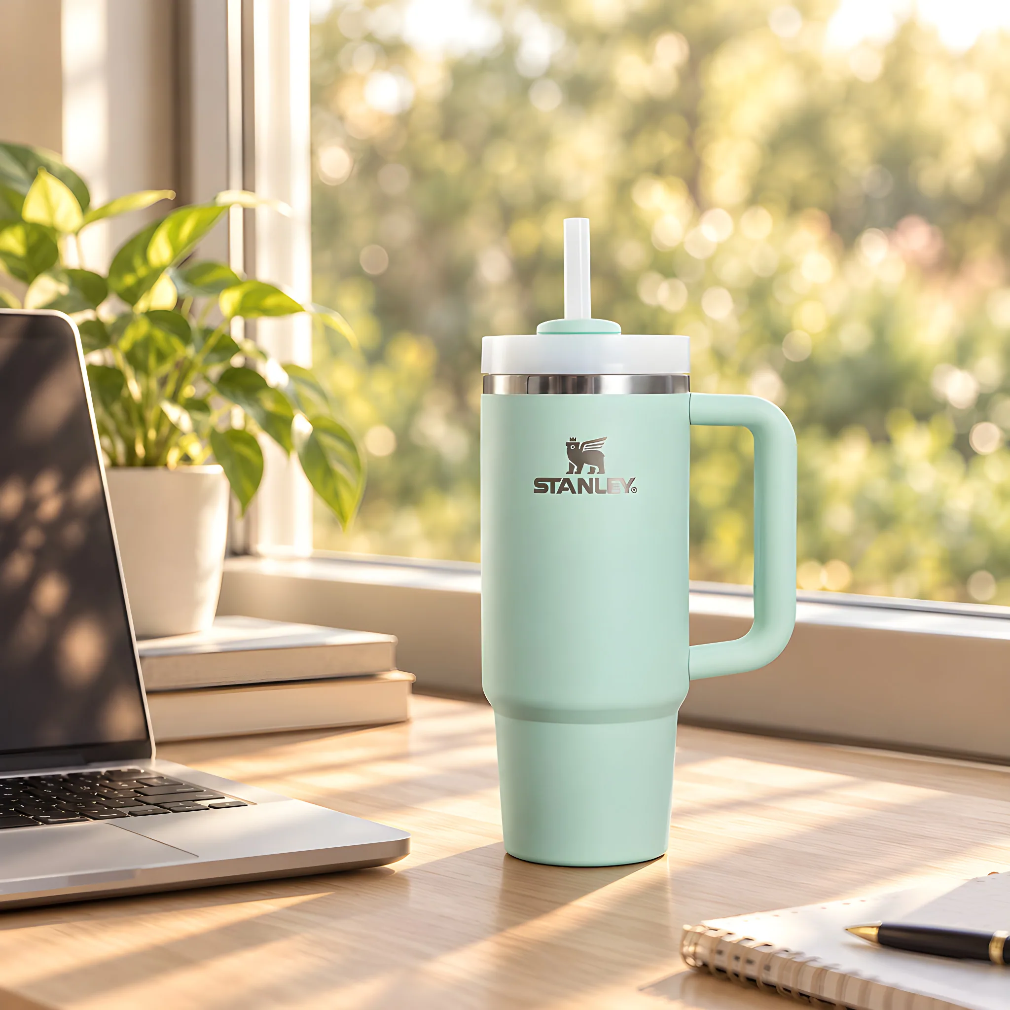 Quencher H2.0 FlowState Stainless Steel Vacuum Insulated (Mint, 30 oz), lifestyle photograph in a real setting