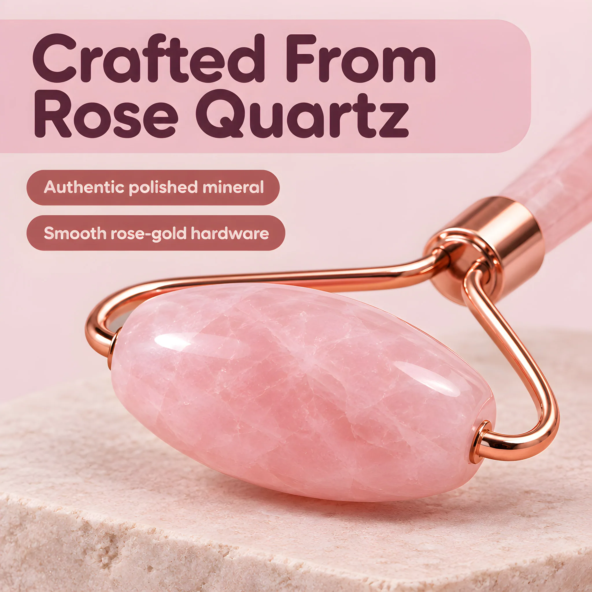 IcyMe Rose Quartz Roller and Gua Sha Facial Tool Set, material and construction detail