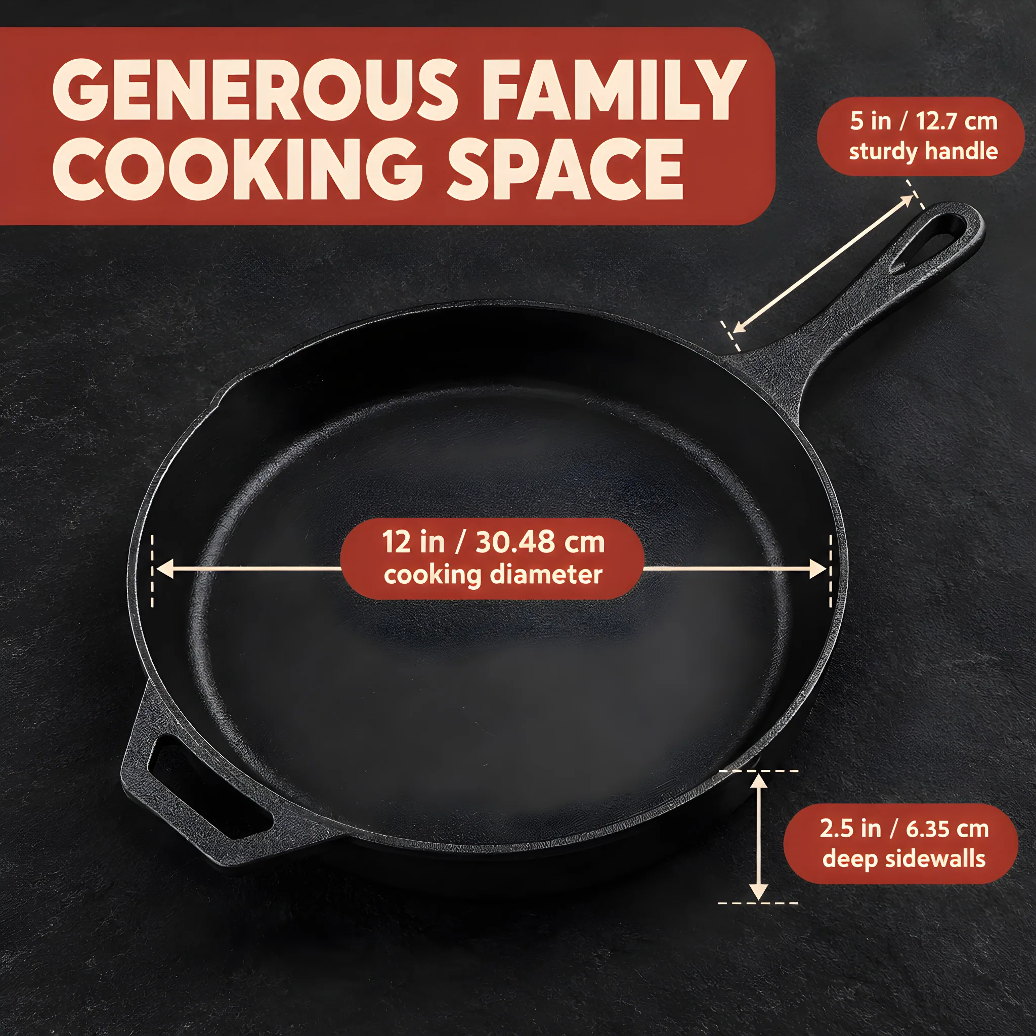 Pre-Seasoned Cast Iron Skillet, 12 Inch, scale and dimensions diagram
