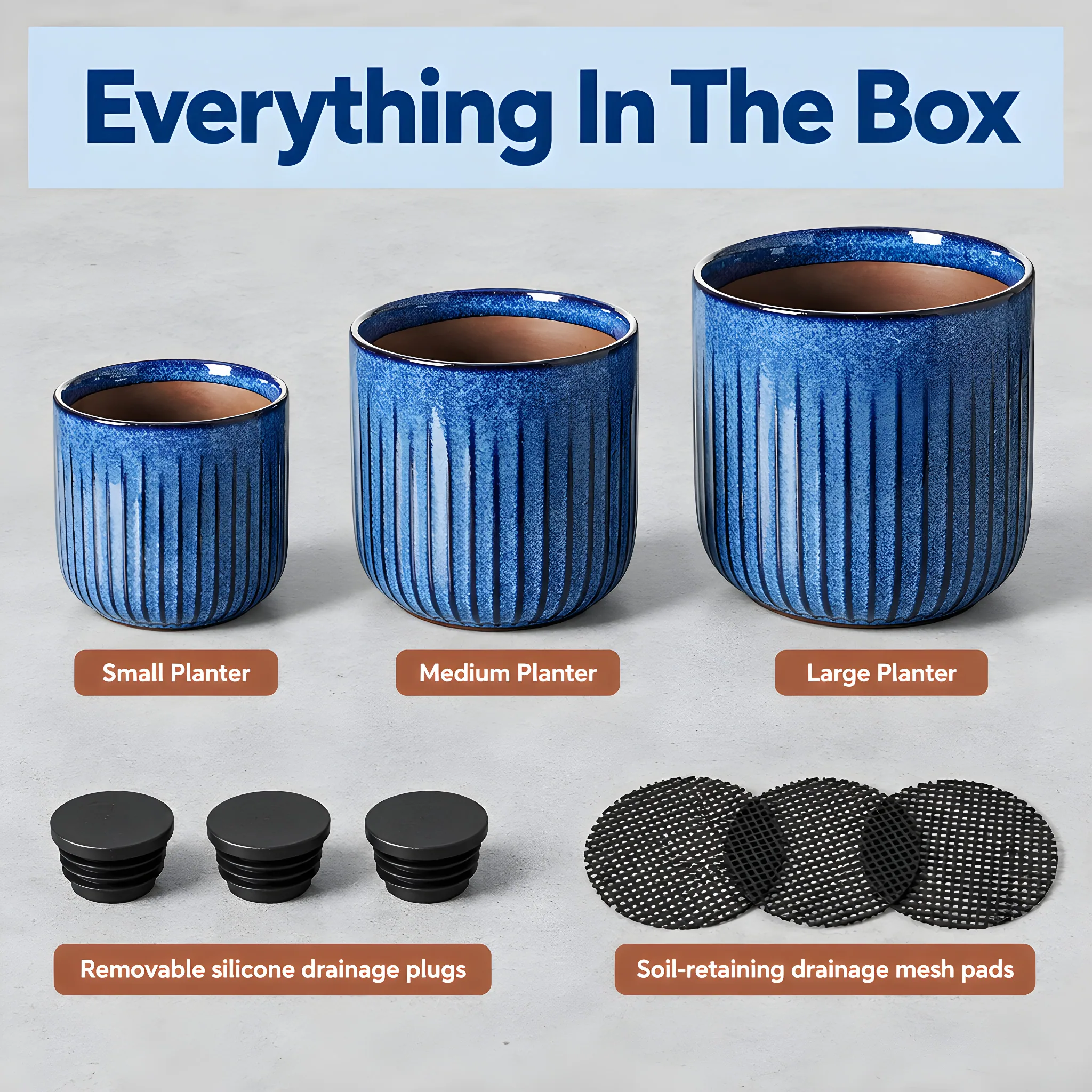 Fluted Ceramic Planters, Set of 3, Ocean Blue, what's included, laid out