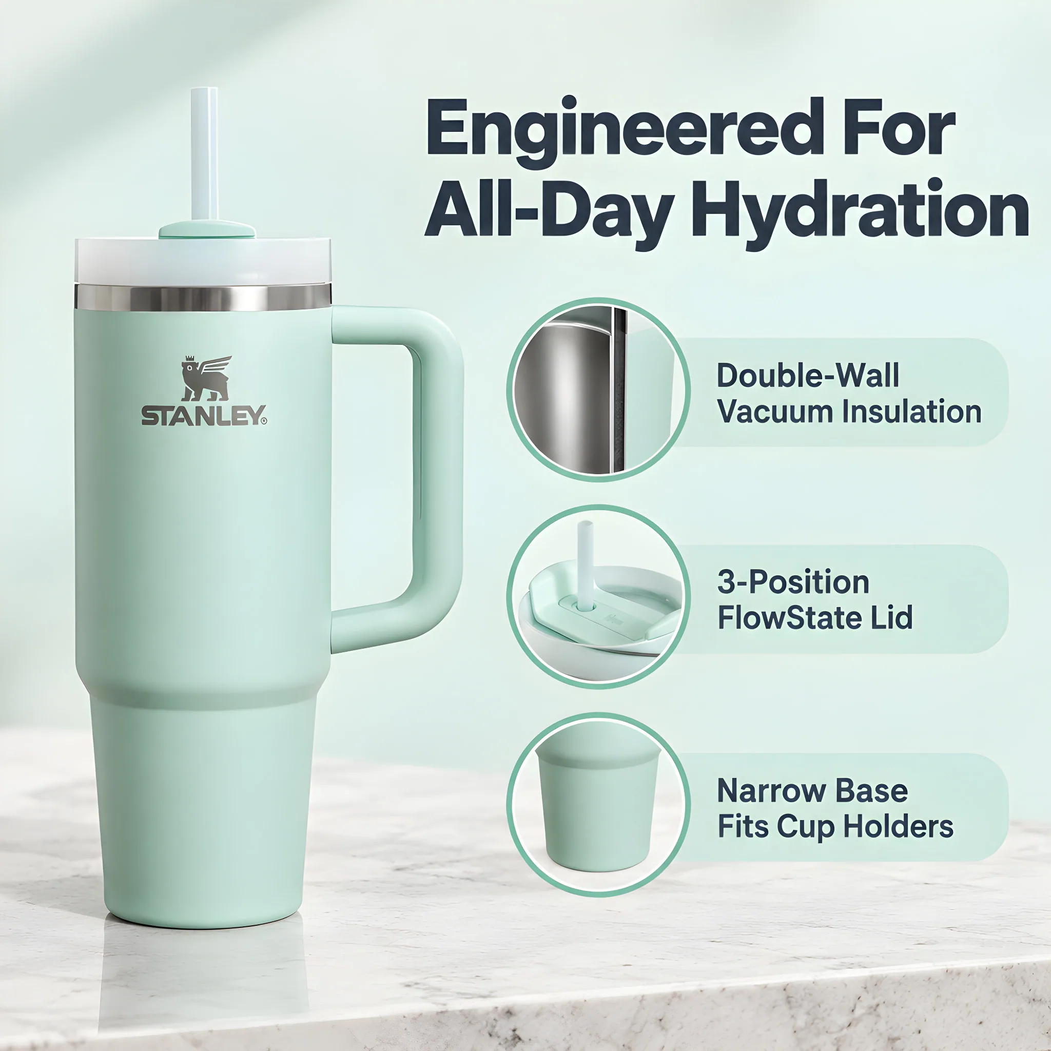 Quencher H2.0 FlowState Stainless Steel Vacuum Insulated (Mint, 30 oz), feature infographic with callouts