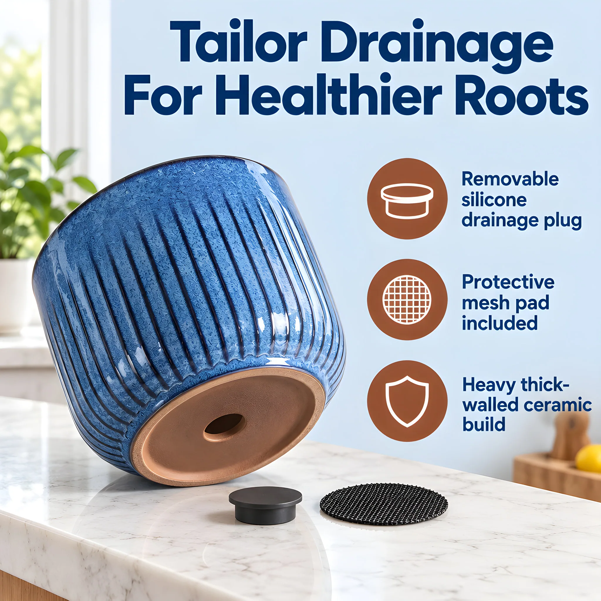 Fluted Ceramic Planters, Set of 3, Ocean Blue, feature infographic with callouts