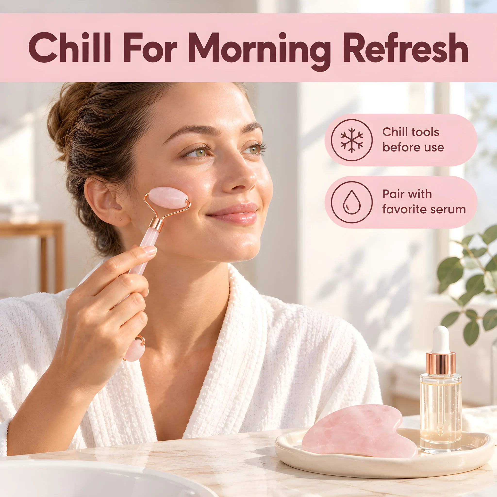 IcyMe Rose Quartz Roller and Gua Sha Facial Tool Set, use-case scene