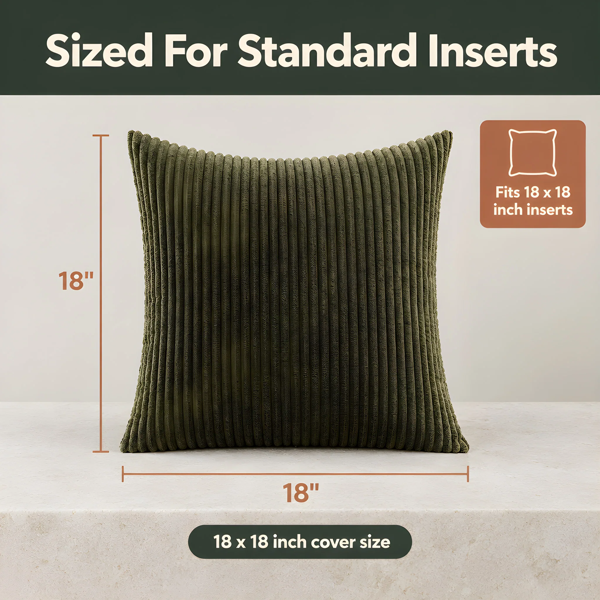 Wide-Wale Corduroy Cushion Cover Set of 2 (Deep Olive), scale and dimensions diagram